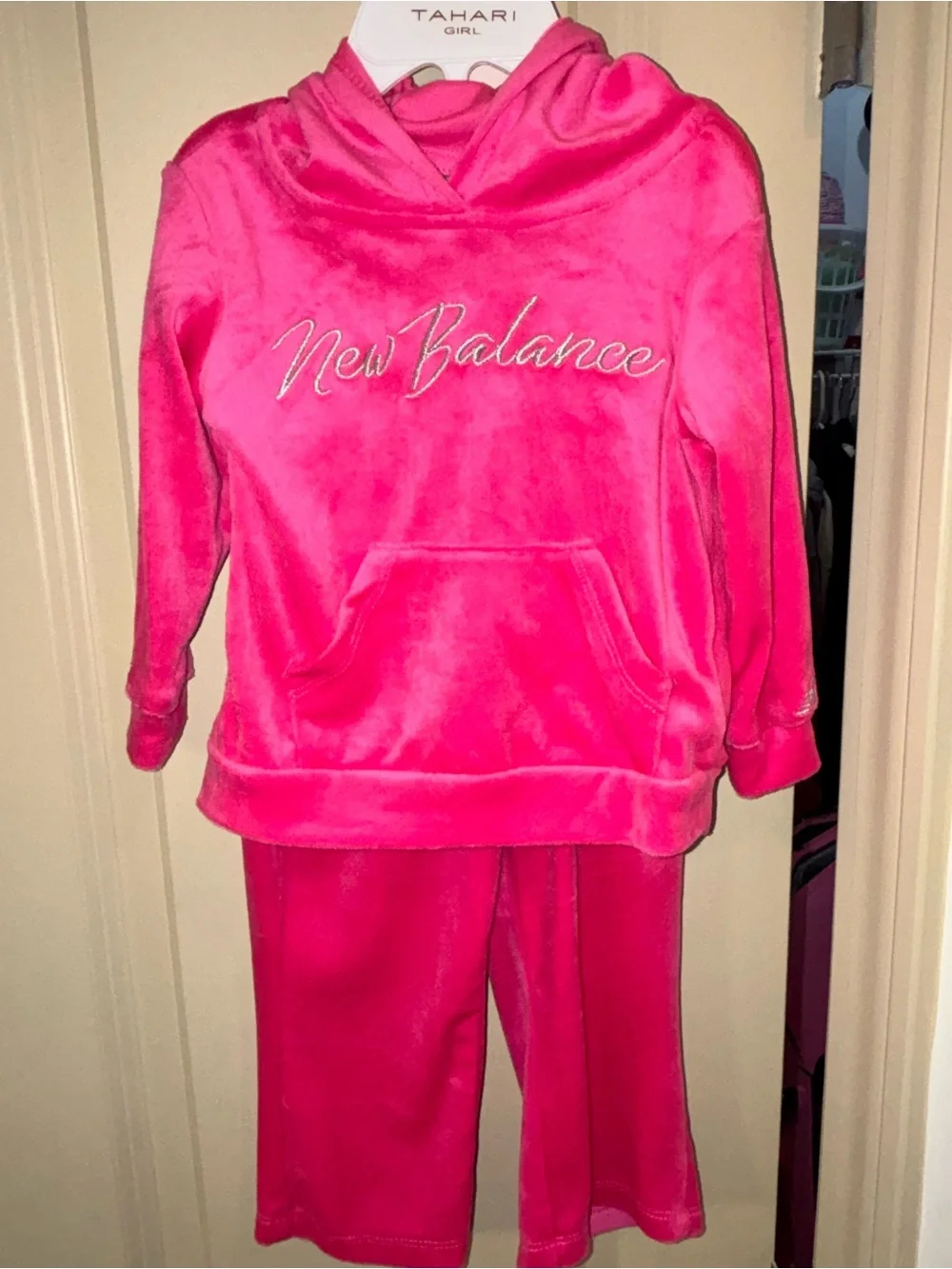 New Balance Baby Girls Pink Fleece Velour Hoodie & Pants Tracksuit Set 12M